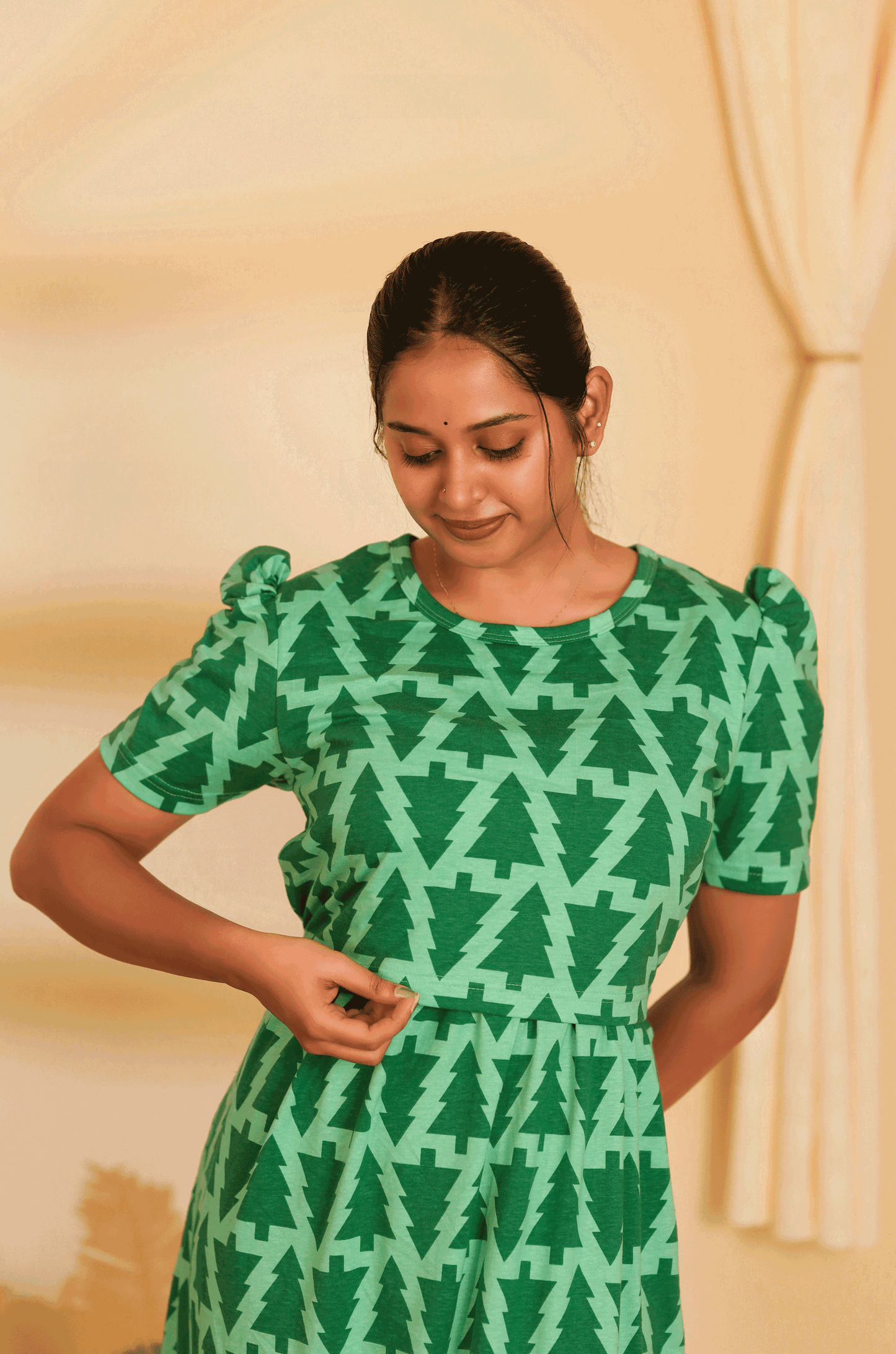 GREEN TREE- ZIPLESS MATERNITY WEAR PUFF SLEEVE/ FULL LENGTH