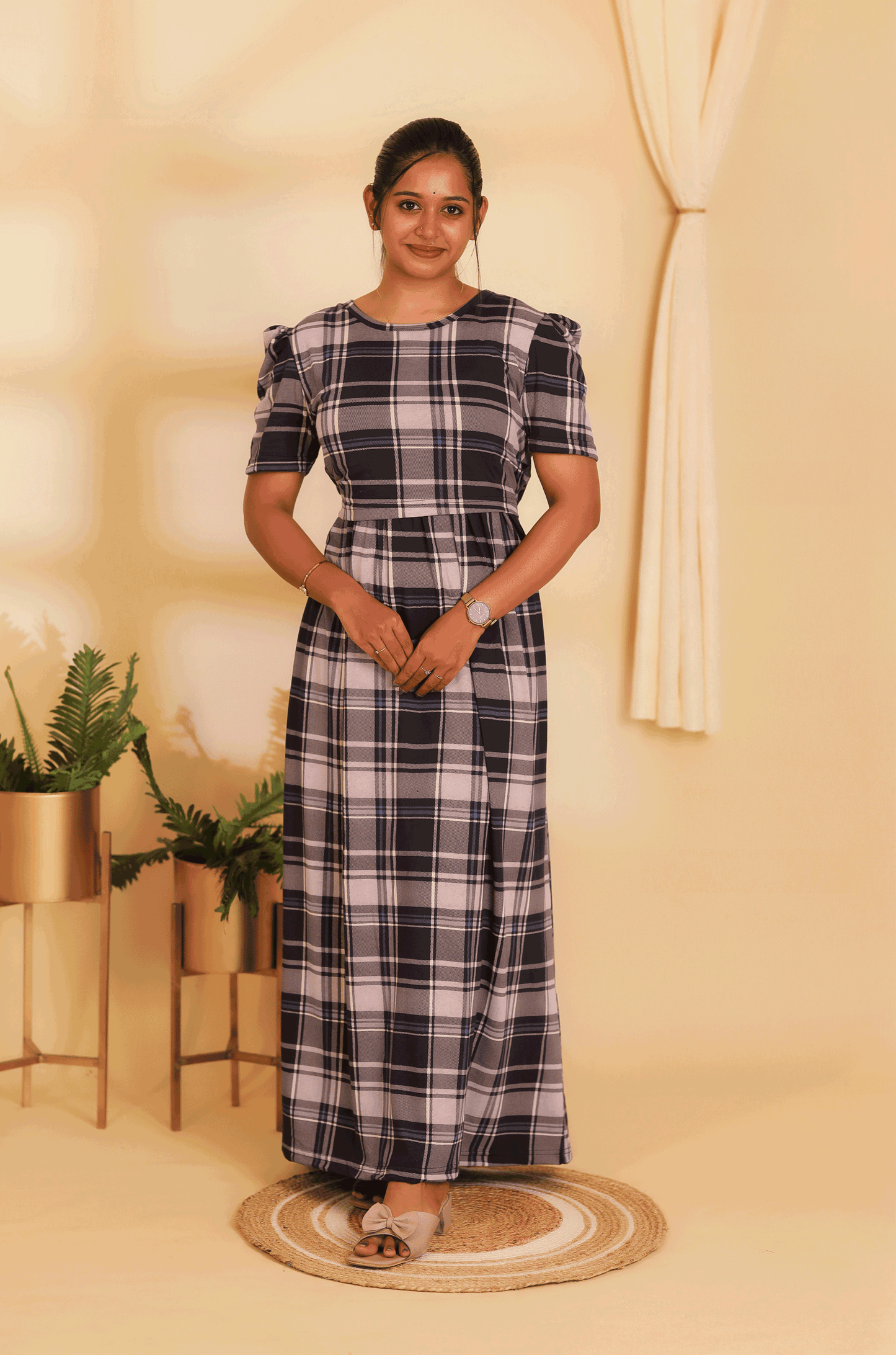 NAVY CHECKED- ZIPLESS MATERNITY WEAR PUFF SLEEVE/ FULL LENGTH