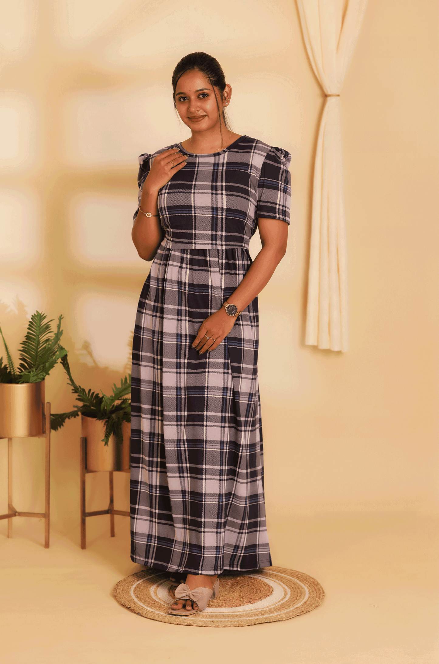 NAVY CHECKED- ZIPLESS MATERNITY WEAR PUFF SLEEVE/ FULL LENGTH