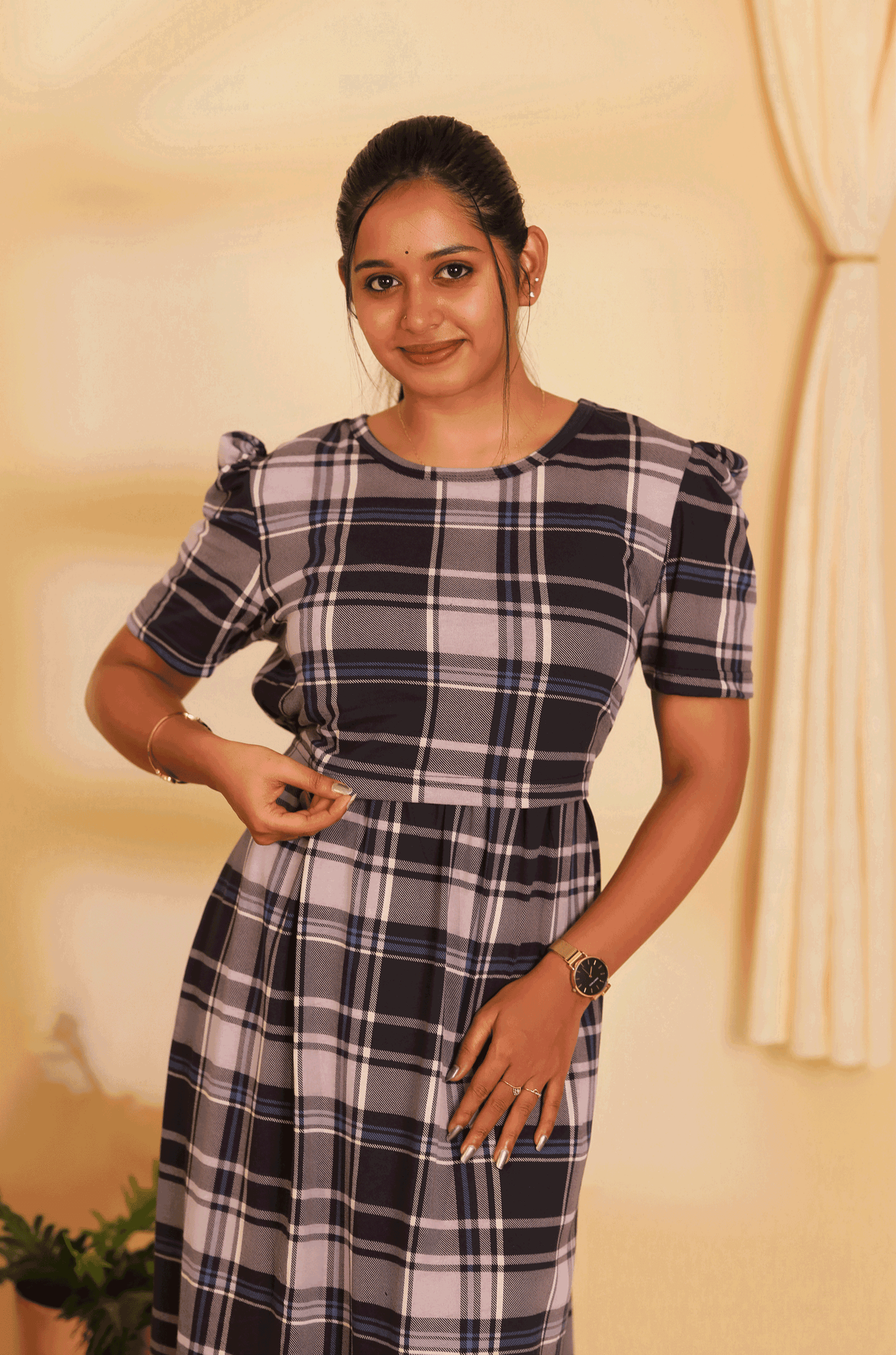 NAVY CHECKED- ZIPLESS MATERNITY WEAR PUFF SLEEVE/ FULL LENGTH