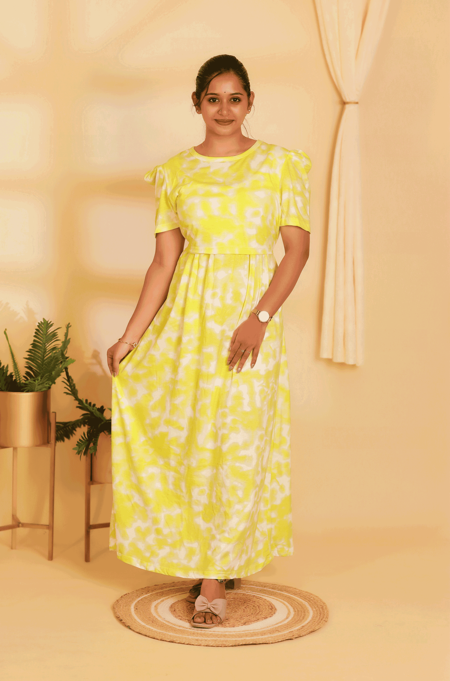 YELLOW DYE & DIE- ZIPLESS MATERNITY WEAR PUFF SLEEVE/ FULL LENGTH