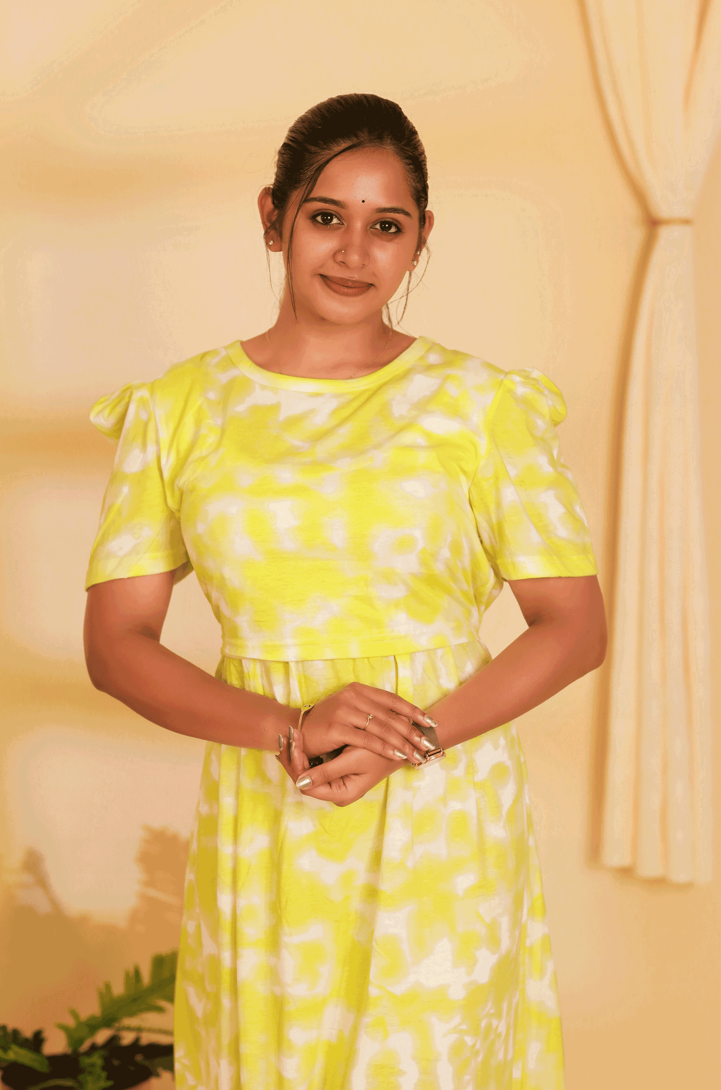 YELLOW DYE & DIE- ZIPLESS MATERNITY WEAR PUFF SLEEVE/ FULL LENGTH