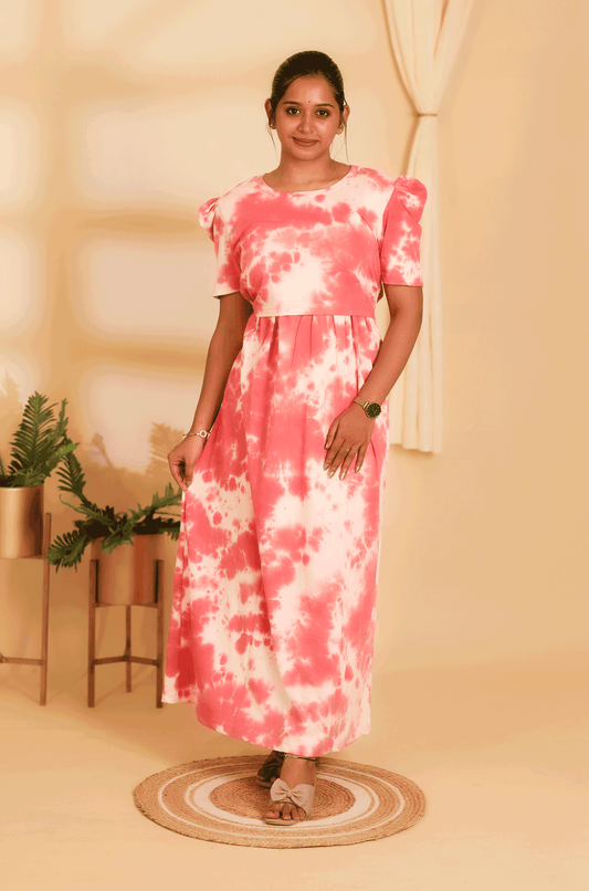 PINK DYE AND DIE- ZIPLESS MATERNITY WEAR PUFF SLEEVE/ FULL LENGTH