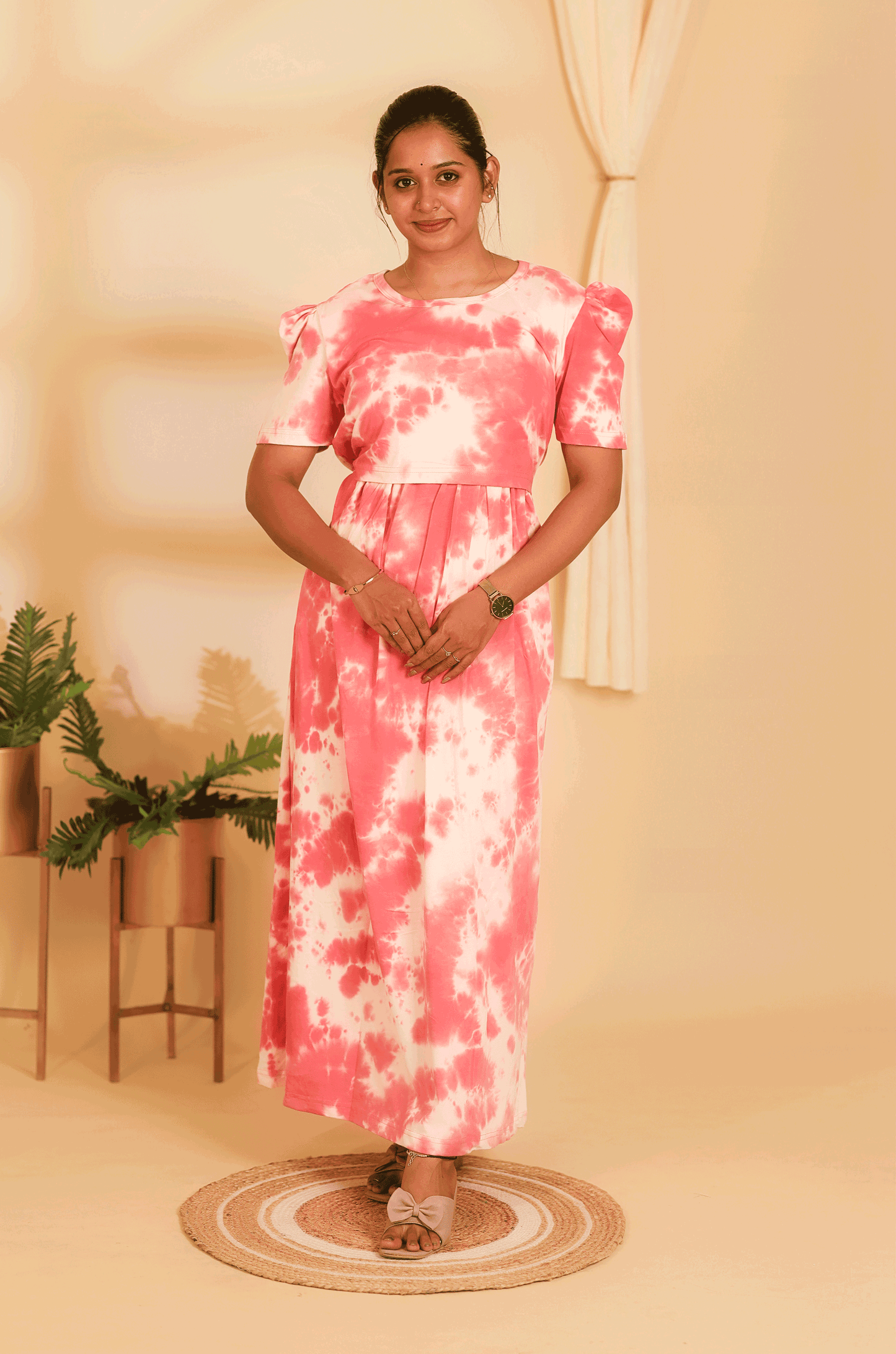 PINK DYE AND DIE- ZIPLESS MATERNITY WEAR PUFF SLEEVE/ FULL LENGTH