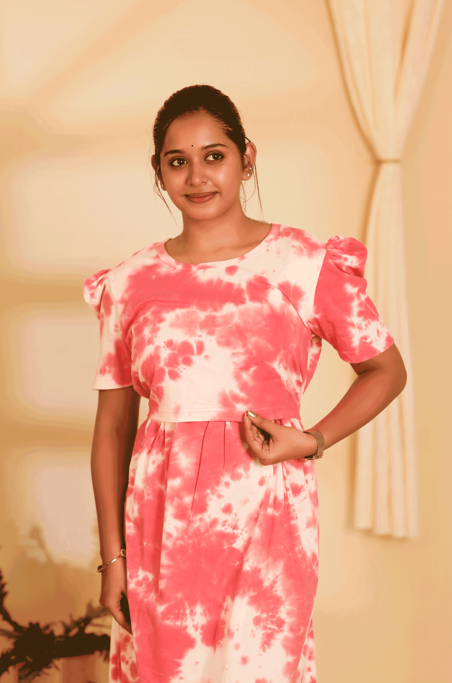PINK DYE AND DIE- ZIPLESS MATERNITY WEAR PUFF SLEEVE/ FULL LENGTH