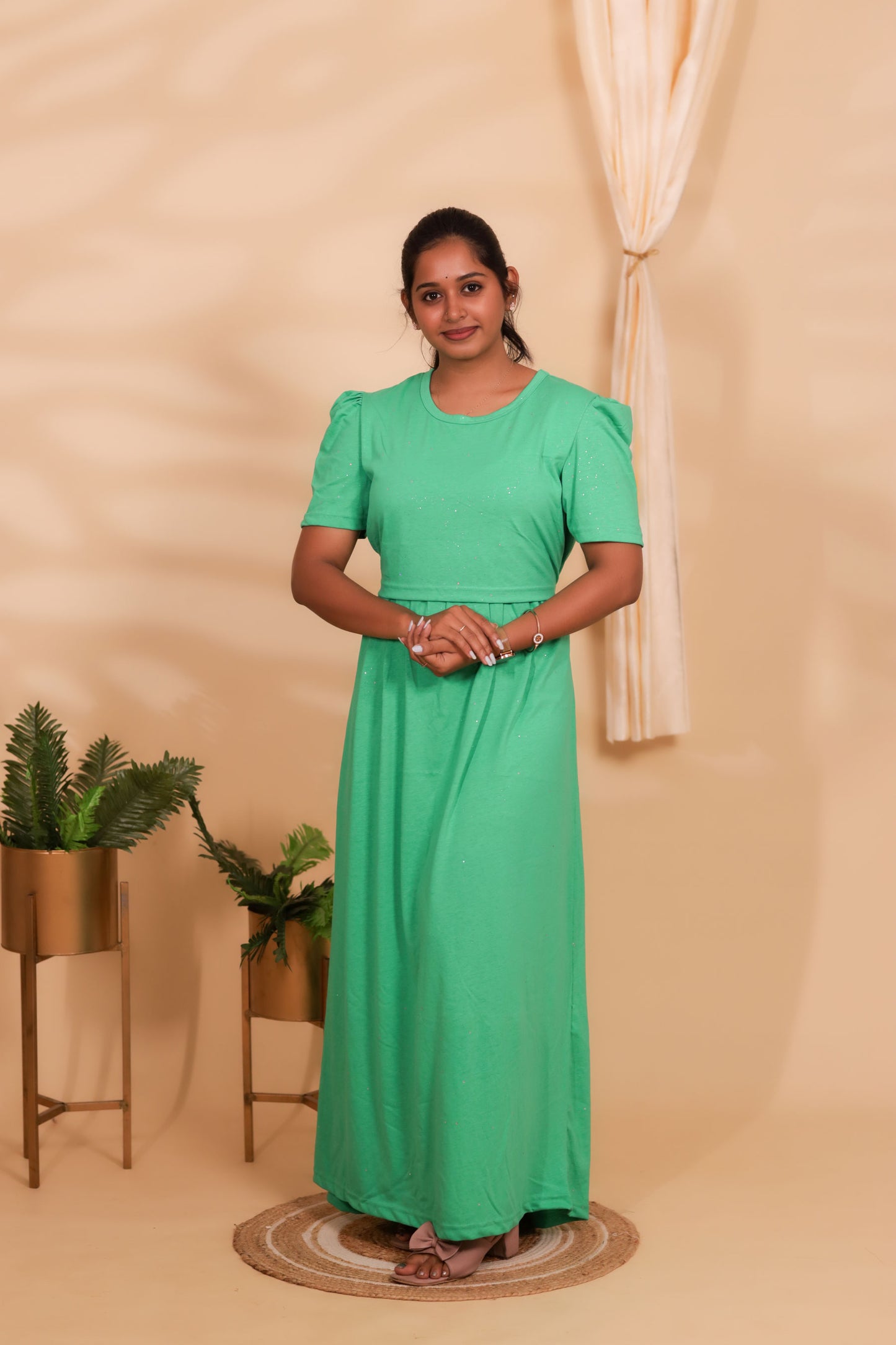 GREEN GLITTER FABRIC-ZIPLESS MATERNITY WEAR PUFF SLEEVE/ FULL LENGTH