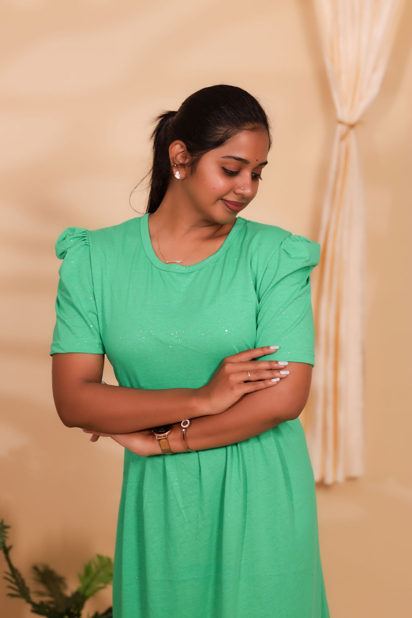 GREEN GLITTER FABRIC-ZIPLESS MATERNITY WEAR PUFF SLEEVE/ FULL LENGTH