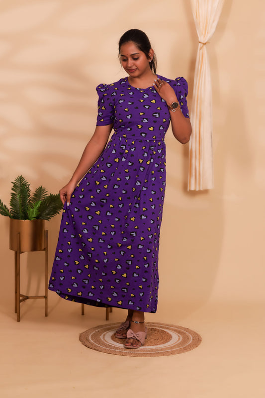 PURPLE HEART-ZIPLESS MATERNITY WEAR PUFF SLEEVE/ FULL LENGTH
