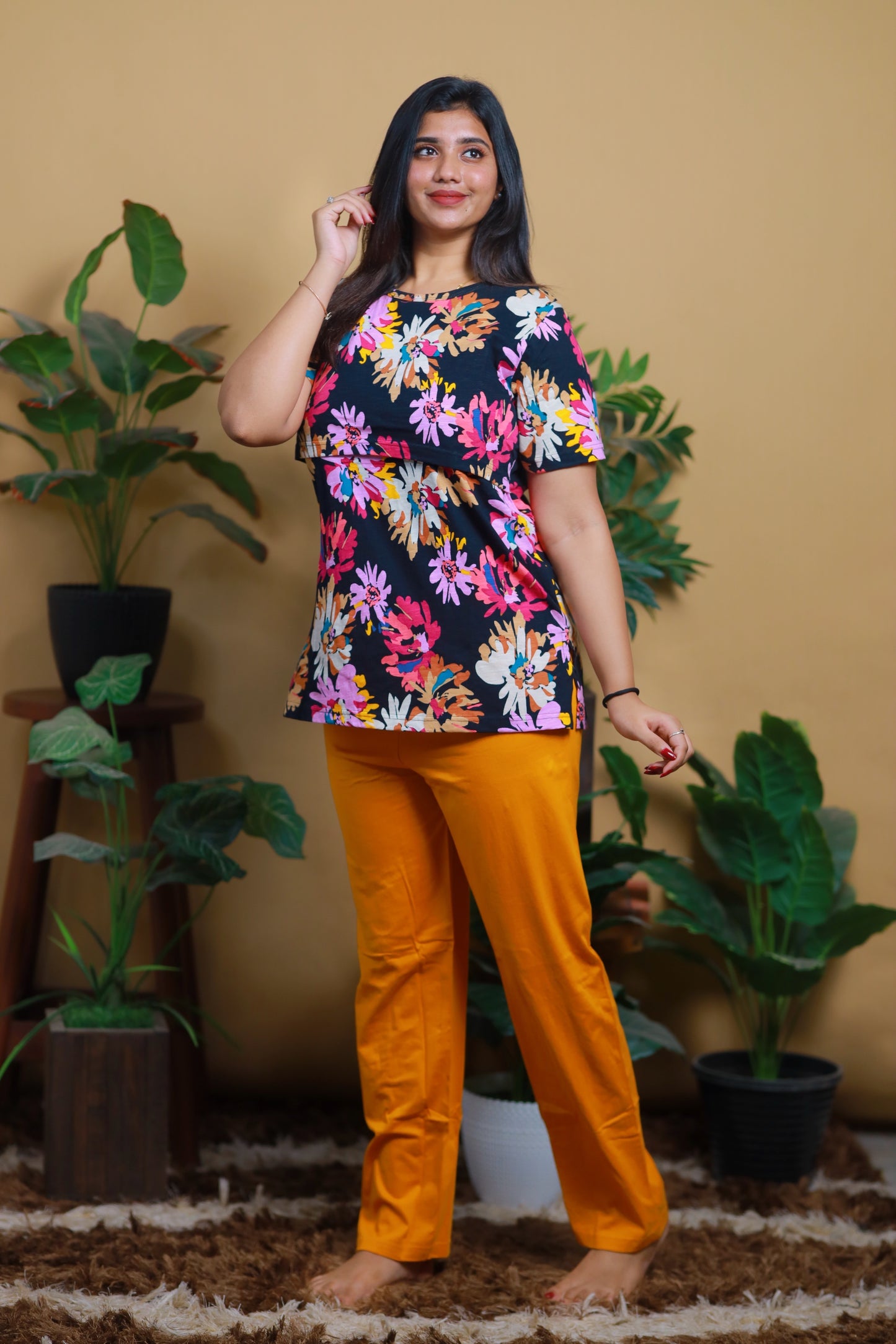 Navy flower- ZIPLESS FEEDING PANT SET