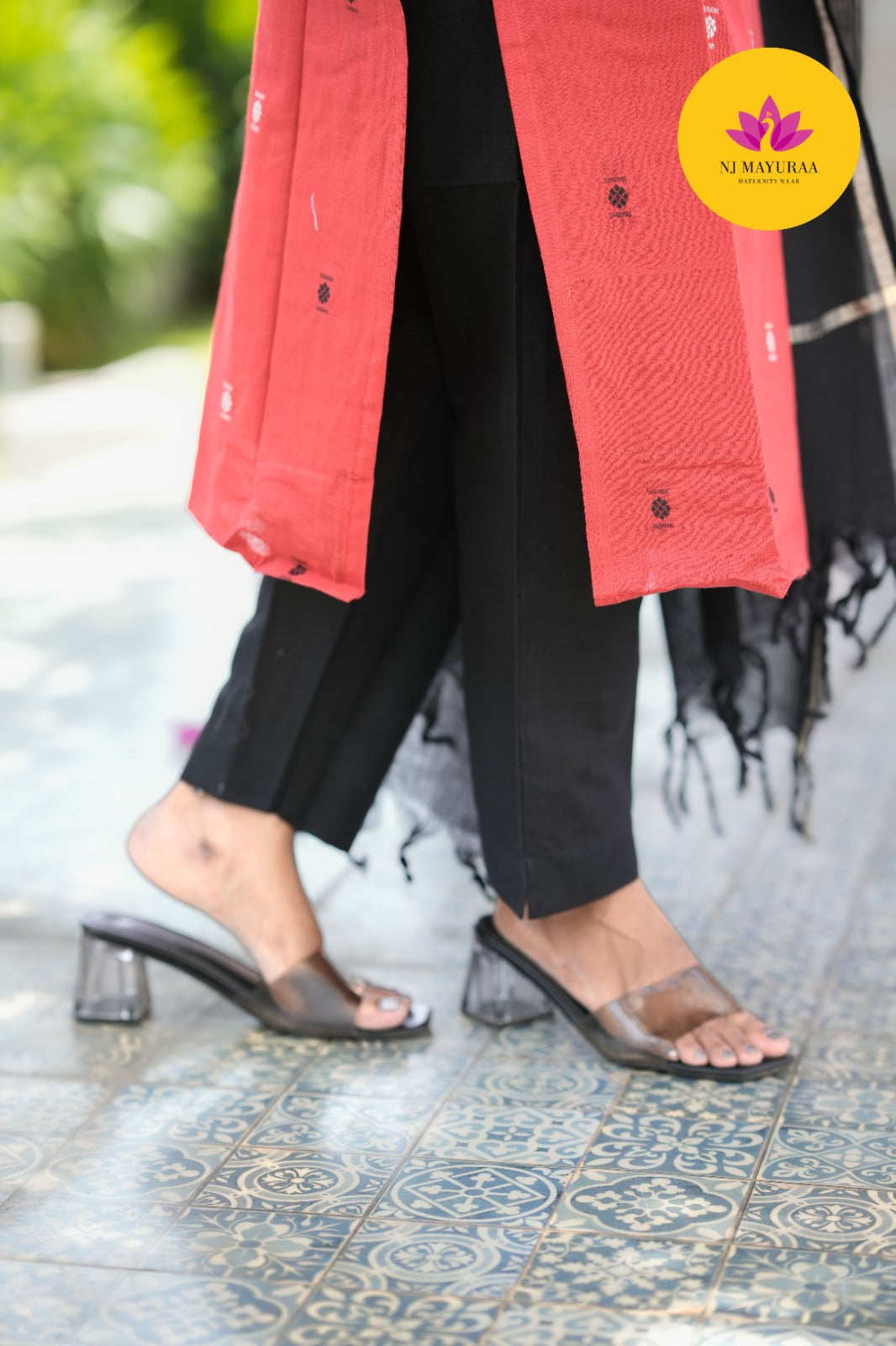 Coral & Black Cotton Silk (3-Piece Set)