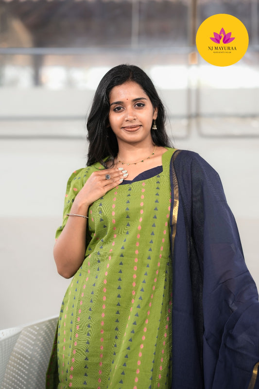 Olive Green & Navy Blue Cotton Silk (3-Piece Set)