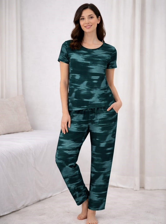 Deep Teal – Brush Stroke Print Nightwear Pant Set
