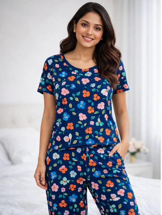 Navy Blue – Multicolor Floral Print Nightwear Pant Set
