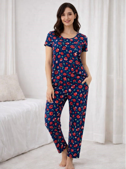 Midnight Navy – Floral Print Nightwear Pant Set