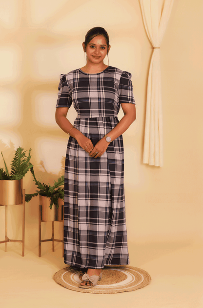 NAVY CHECKED- ZIPLESS MATERNITY WEAR  PUFF SLEEVE/ FULL LENGTH