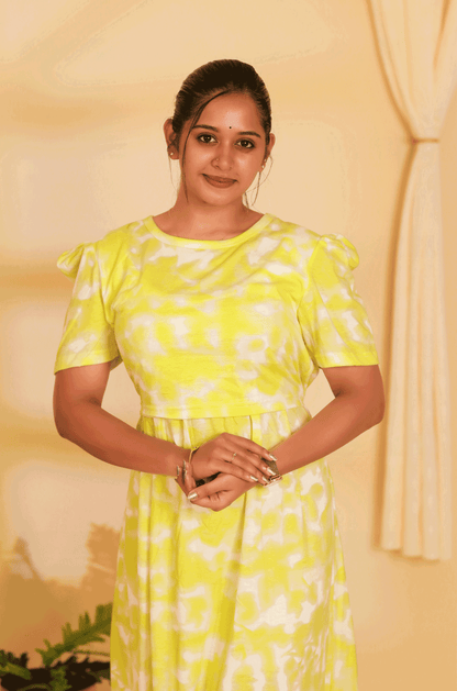 YELLOW DYE & DIE- ZIPLESS MATERNITY WEAR  PUFF SLEEVE/ FULL LENGTH