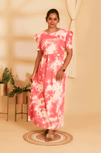 PINK DYE AND DIE- ZIPLESS MATERNITY WEAR  PUFF SLEEVE/ FULL LENGTH