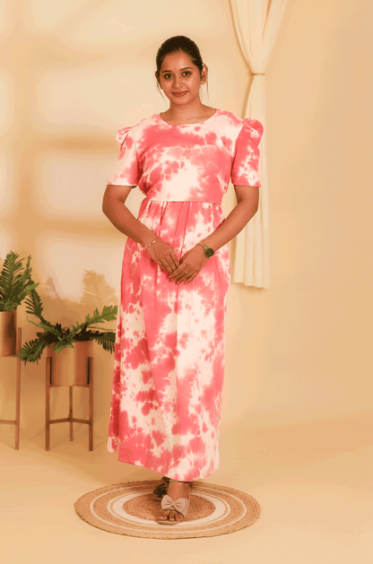 PINK DYE AND DIE- ZIPLESS MATERNITY WEAR  PUFF SLEEVE/ FULL LENGTH