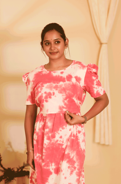 PINK DYE AND DIE- ZIPLESS MATERNITY WEAR  PUFF SLEEVE/ FULL LENGTH