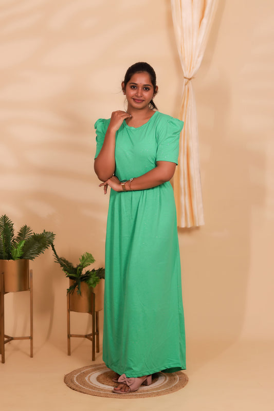 GREEN GLITTER FABRIC-ZIPLESS MATERNITY WEAR  PUFF SLEEVE/ FULL LENGTH