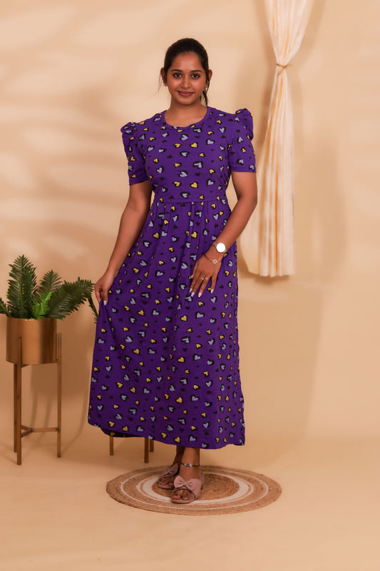 PURPLE HEART-ZIPLESS MATERNITY WEAR  PUFF SLEEVE/ FULL LENGTH