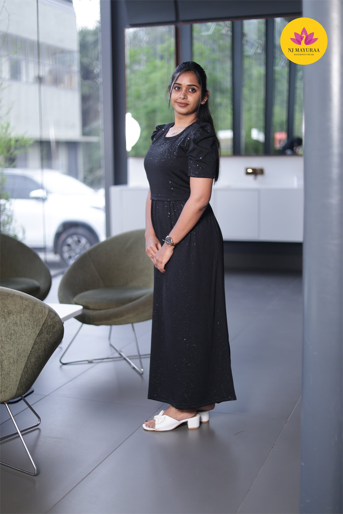 Glitter fabric-ZIPLESS MATERNITY WEAR PUFF SLEEVE