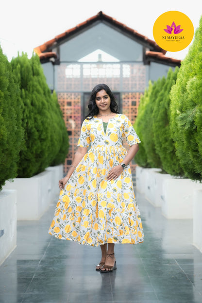 Sunny Yellow Floral Cotton Maxi Gown