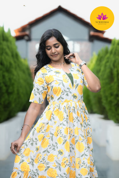Sunny Yellow Floral Cotton Maxi Gown
