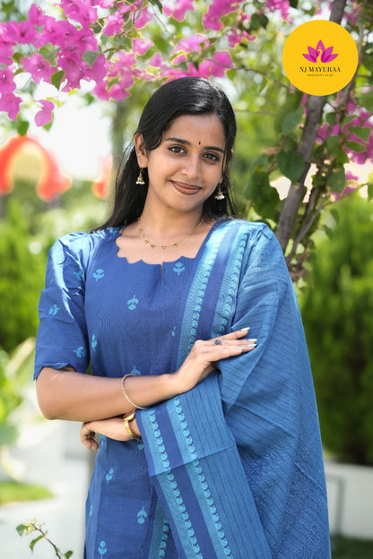Peacock Blue Cotton Silk (3-Piece Set)
