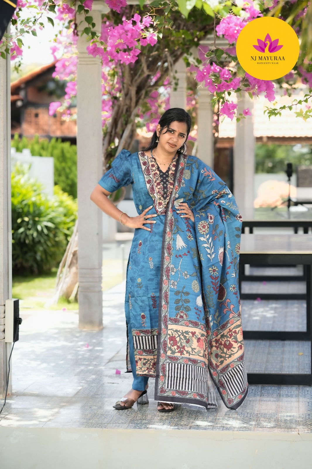 Slate Blue Kalamkari Cotton Silk (3-Piece Set)