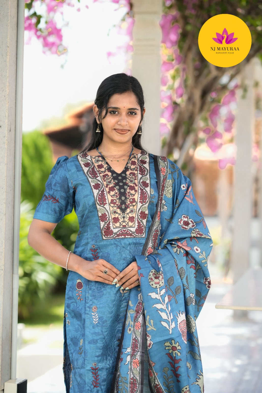 Slate Blue Kalamkari Cotton Silk (3-Piece Set)