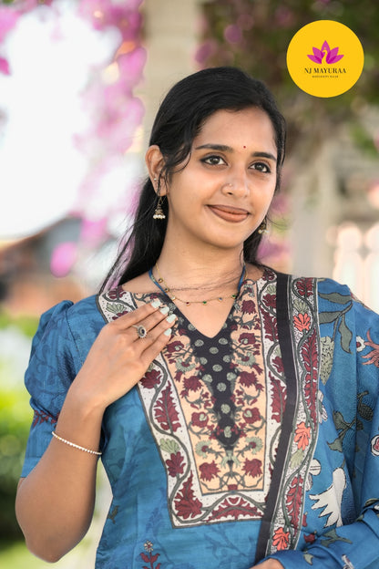 Slate Blue Kalamkari Cotton Silk (3-Piece Set)