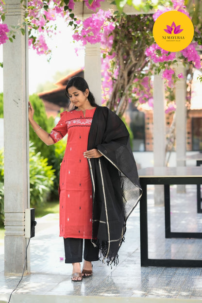 Coral & Black Cotton Silk (3-Piece Set)