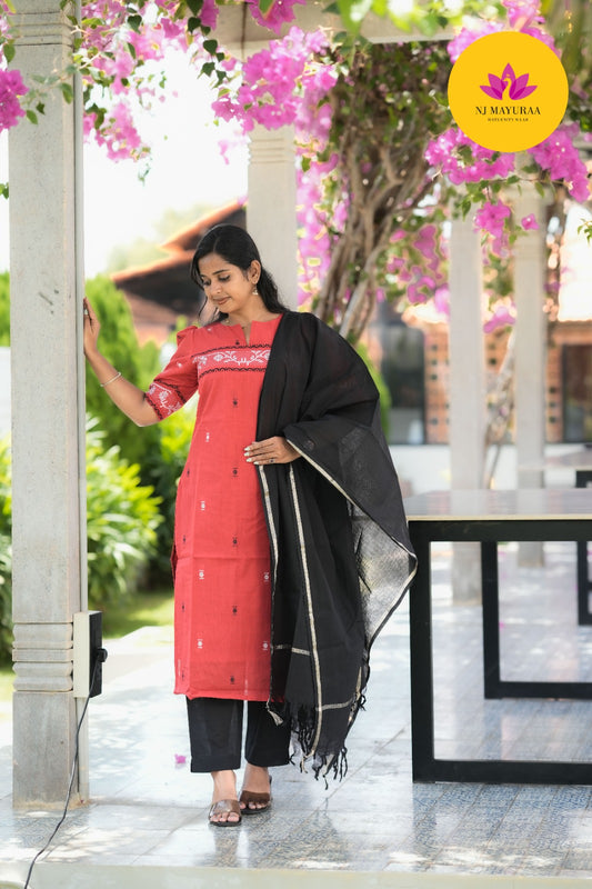 Coral & Black Cotton Silk (3-Piece Set)