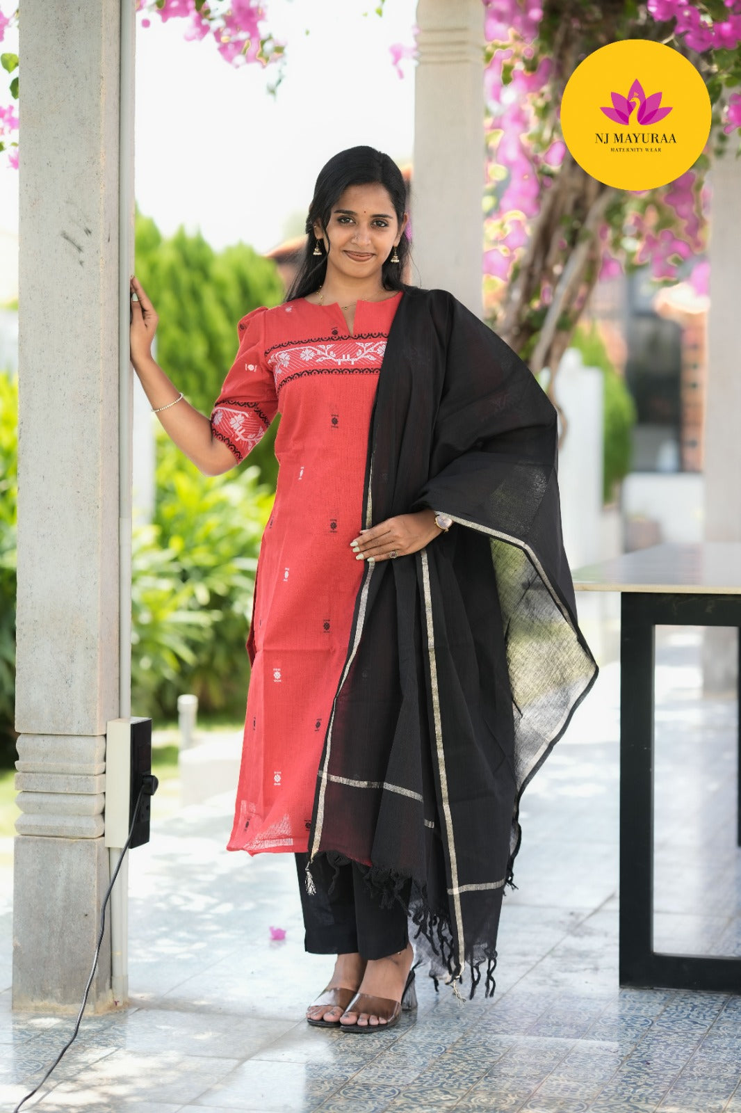 Coral & Black Cotton Silk (3-Piece Set)
