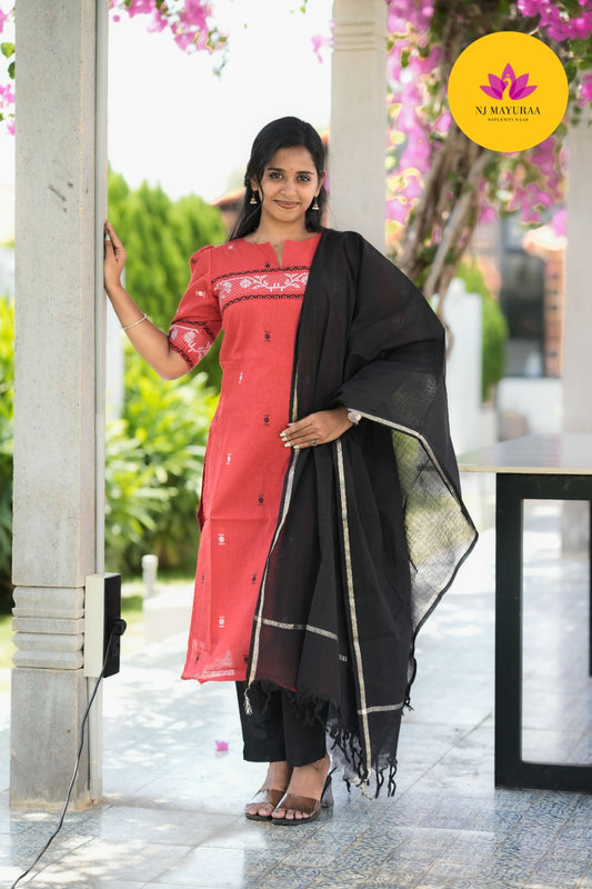 Coral & Black Cotton Silk (3-Piece Set)