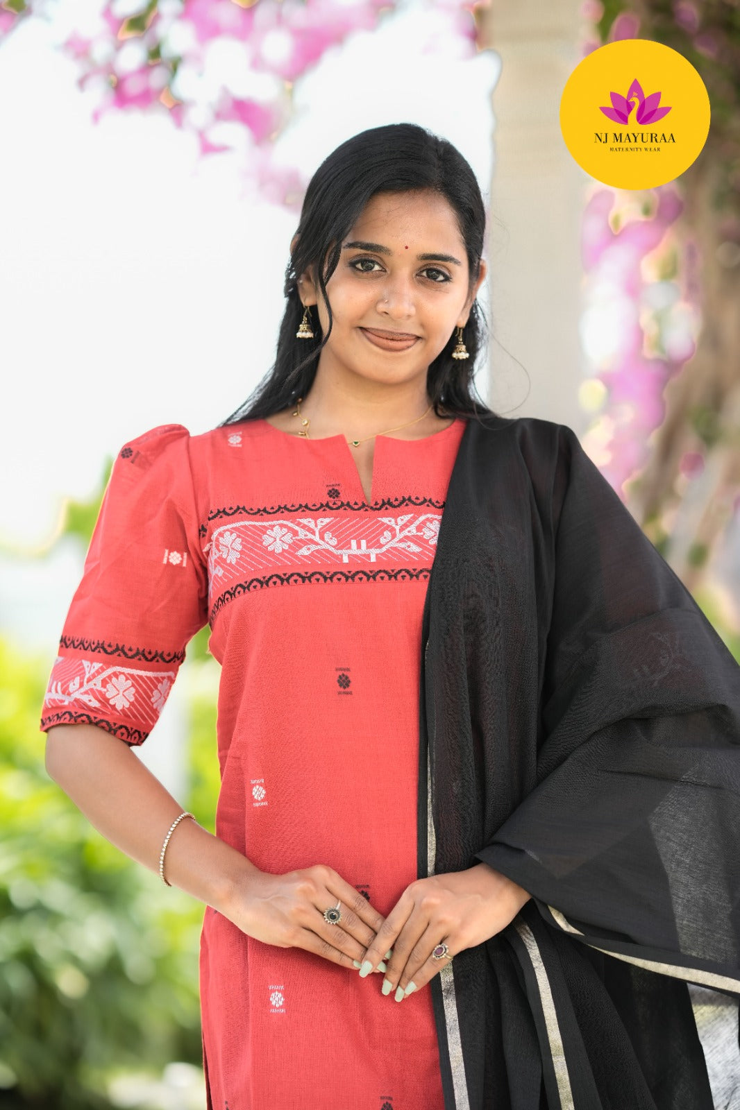 Coral & Black Cotton Silk (3-Piece Set)