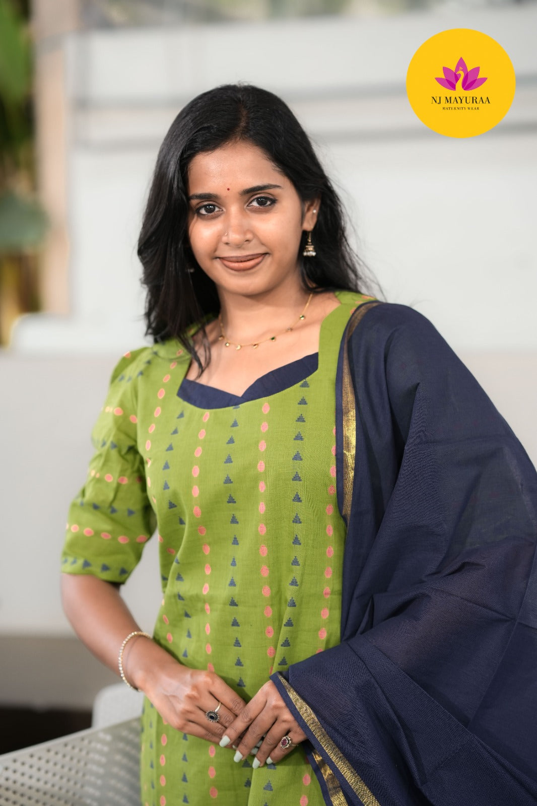 Olive Green & Navy Blue Cotton Silk (3-Piece Set)