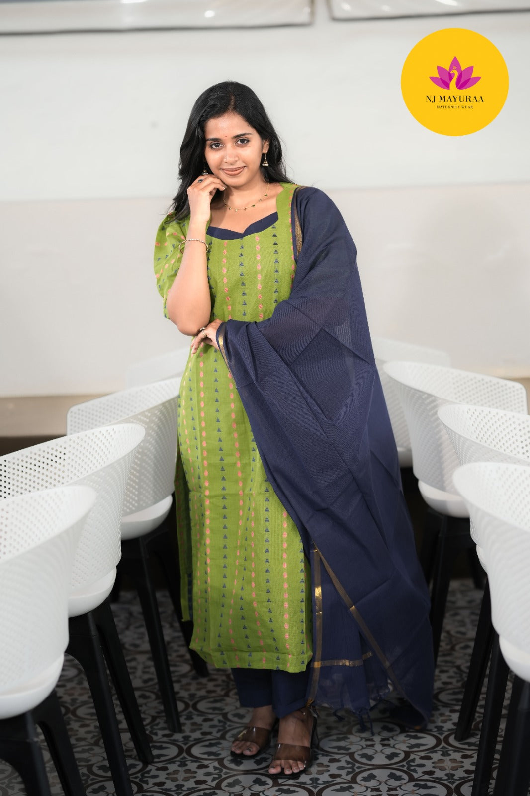 Olive Green & Navy Blue Cotton Silk (3-Piece Set)