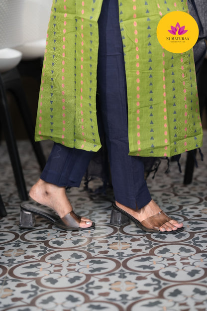 Olive Green & Navy Blue Cotton Silk (3-Piece Set)