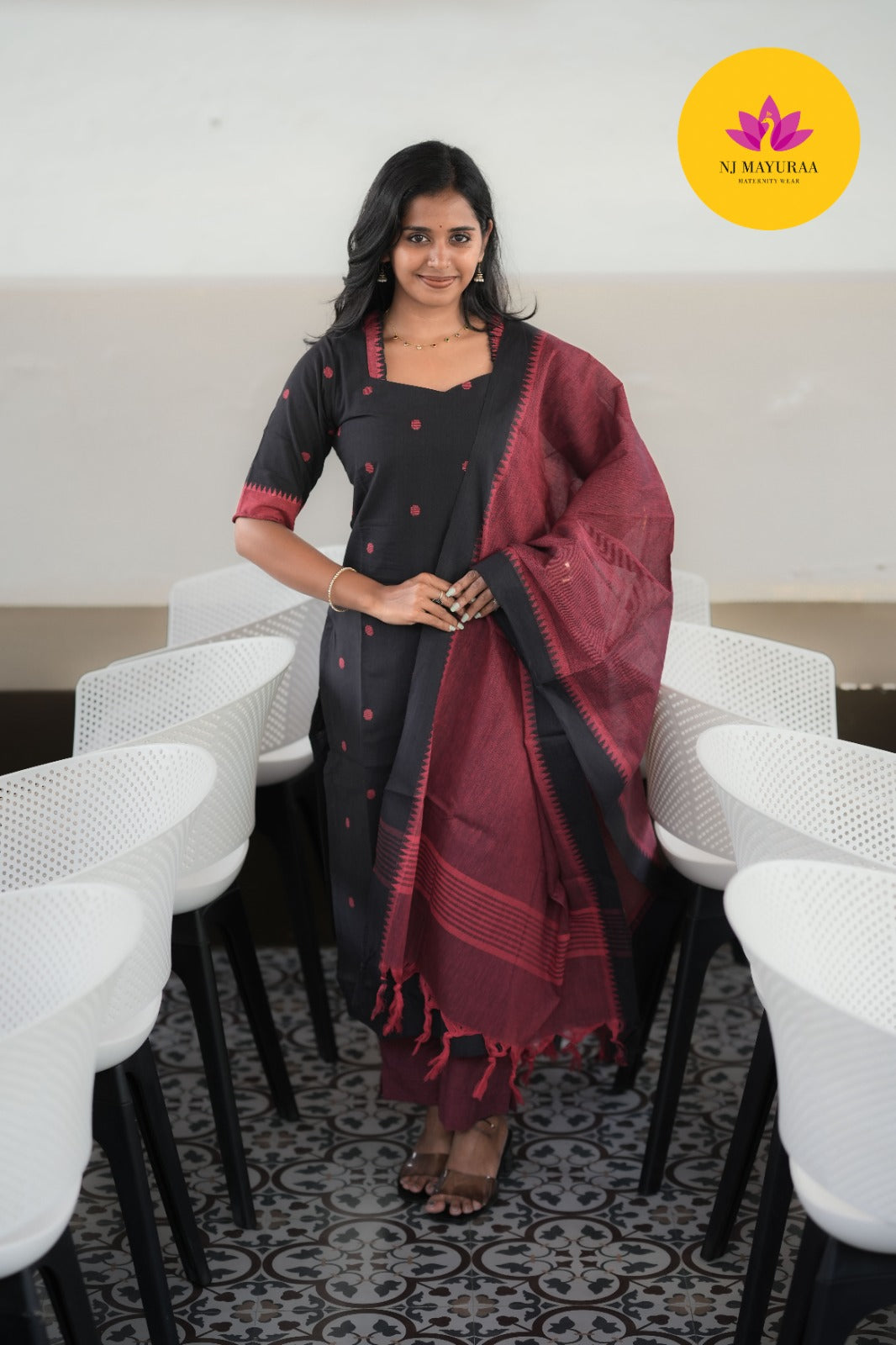 Jet Black & Wine Cotton Silk (3-Piece Set)