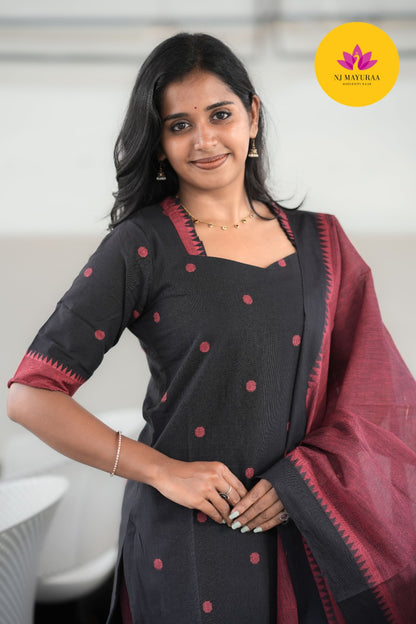 Jet Black & Wine Cotton Silk (3-Piece Set)