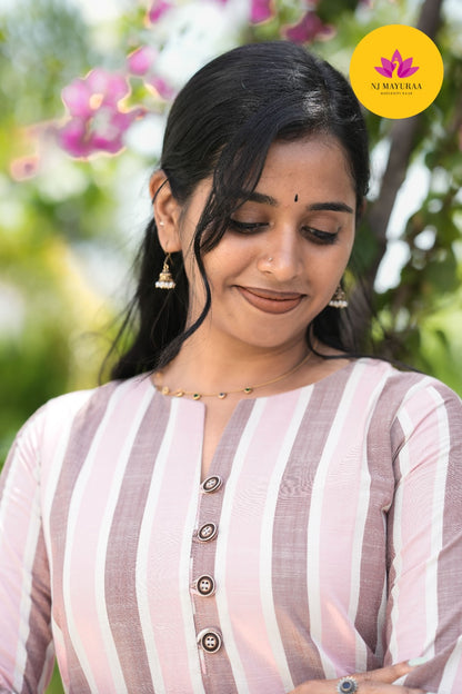 Pastel Pink Striped Kurti Set (2-Piece Set)