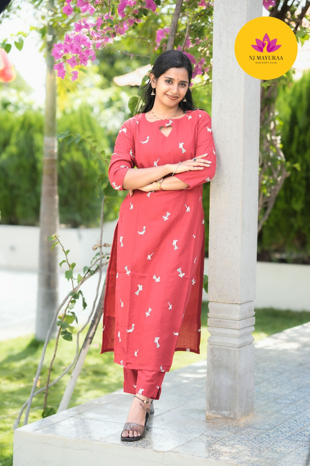 Brick Red Motif Kurti Set (2-Piece Set)