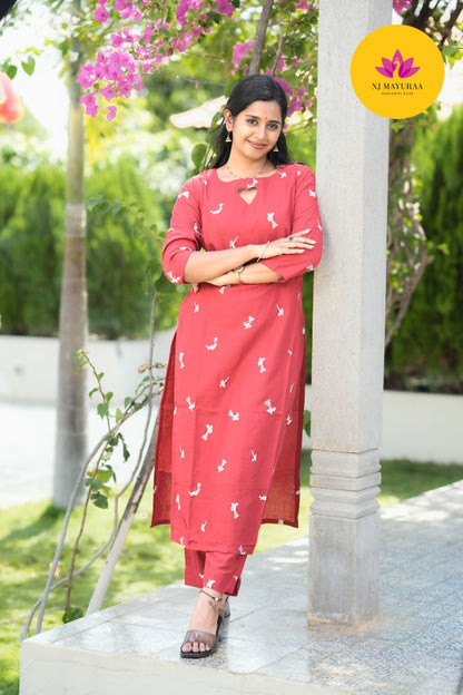 Brick Red Motif Kurti Set (2-Piece Set)