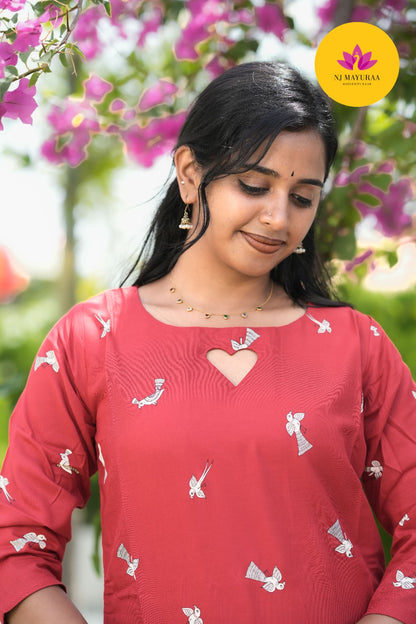 Brick Red Motif Kurti Set (2-Piece Set)