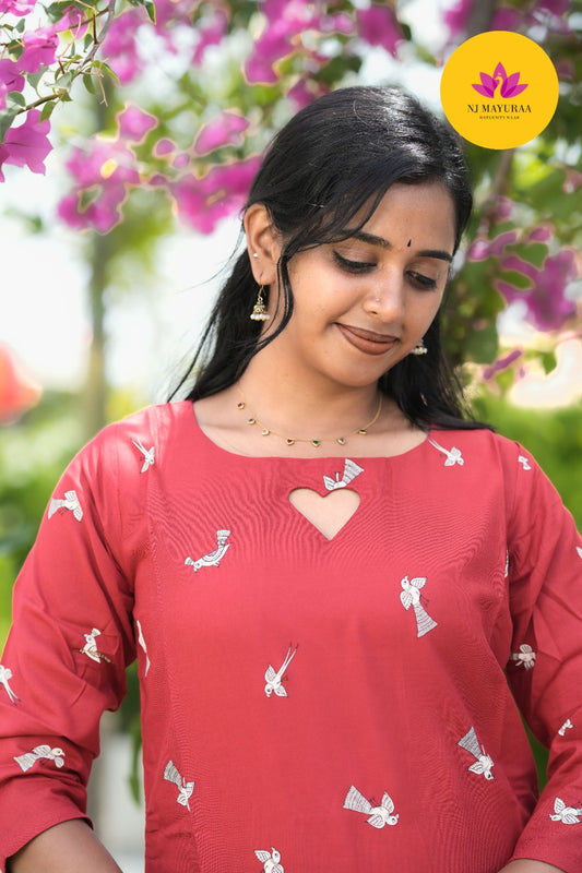 Brick Red Motif Kurti Set (2-Piece Set)