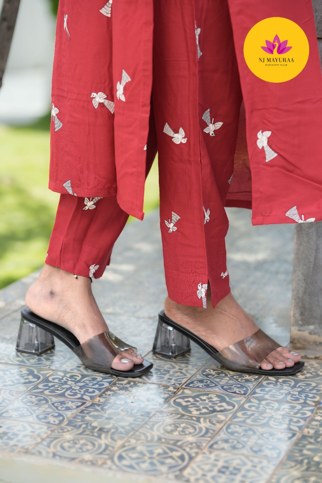 Brick Red Motif Kurti Set (2-Piece Set)