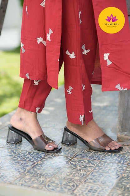 Brick Red Motif Kurti Set (2-Piece Set)