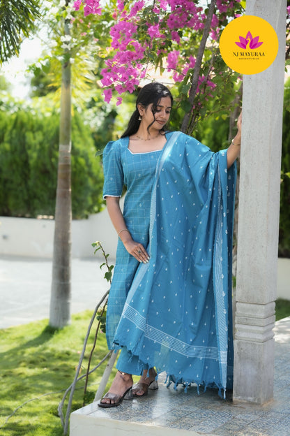 Teal Blue Cotton Silk (3-Piece Set)